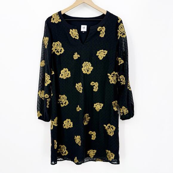 CAbi Dresses & Skirts - Cabi Shift Dress M Black Gold Embroidered Floral Swiss Dot Chiffon Holiday Party